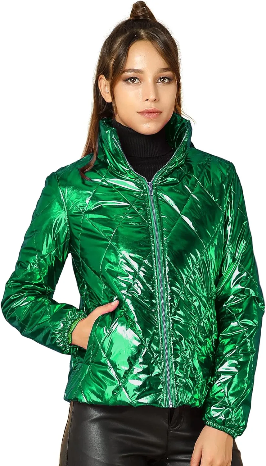 Allegra K Women's Christmas Puffer Jacket Holographic Shiny Metallic Jacket