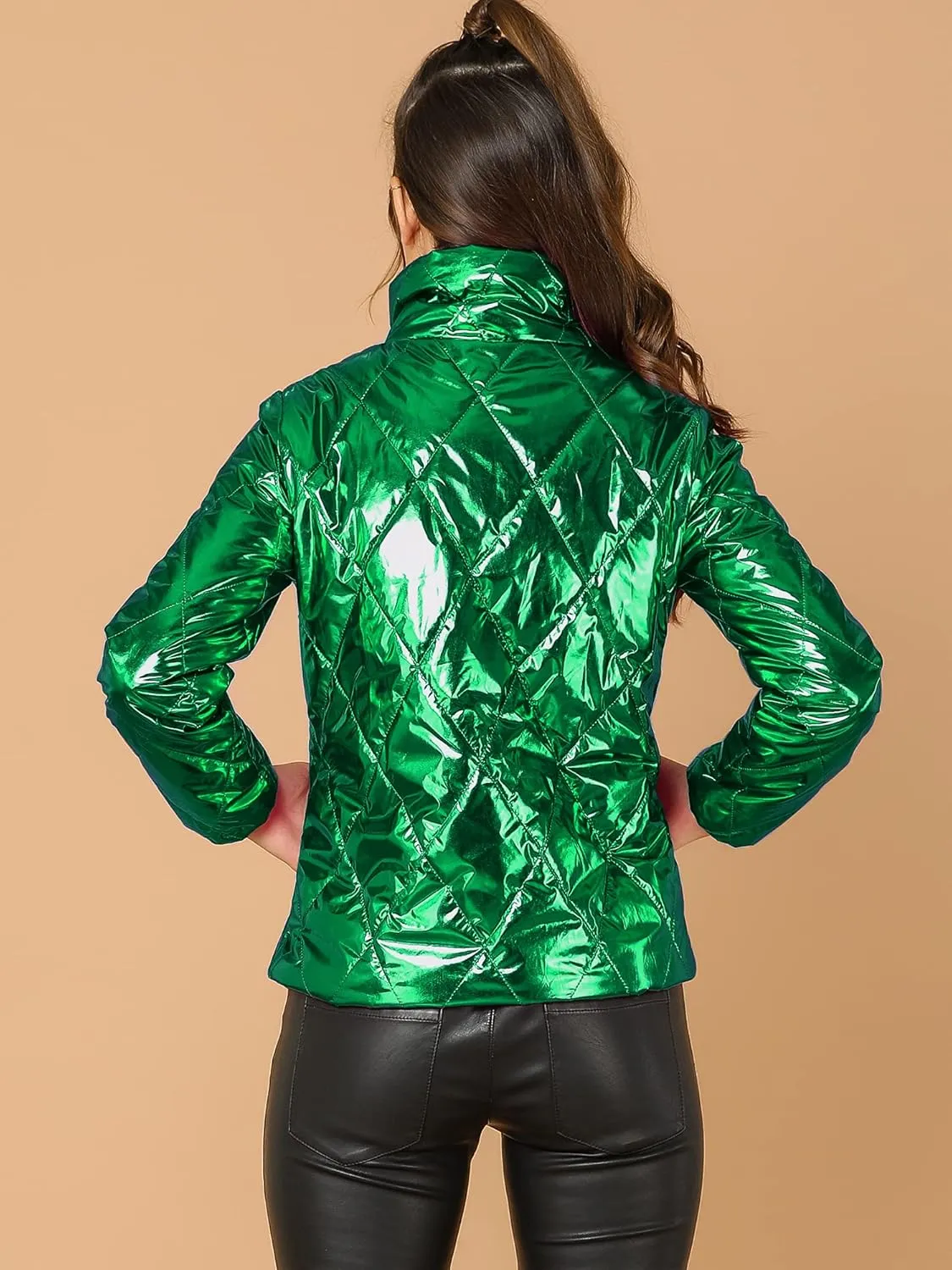 Allegra K Women's Christmas Puffer Jacket Holographic Shiny Metallic Jacket