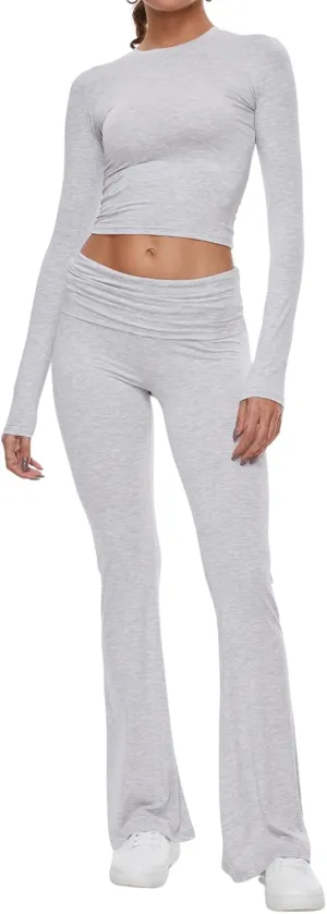 AnotherChill Women's 2 Piece Lounge Sets Fold-over Flare Pants Set Long Sleeve Cropped Top Casual Outfits Pajamas