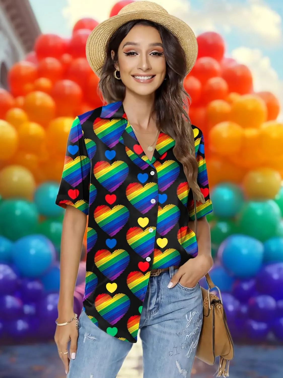 LAZYCHILD Pride Outfits for Women: Rainbow Heart Shirt LGBTQ Equality T-Shirt Pride Ally Button Up Tops