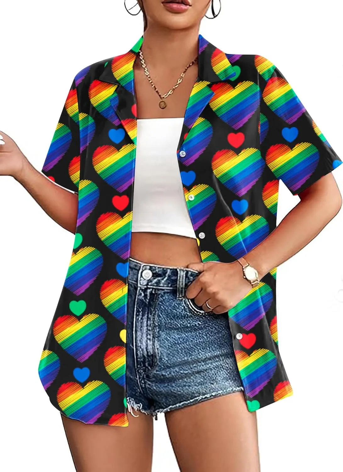 LAZYCHILD Pride Outfits for Women: Rainbow Heart Shirt LGBTQ Equality T-Shirt Pride Ally Button Up Tops