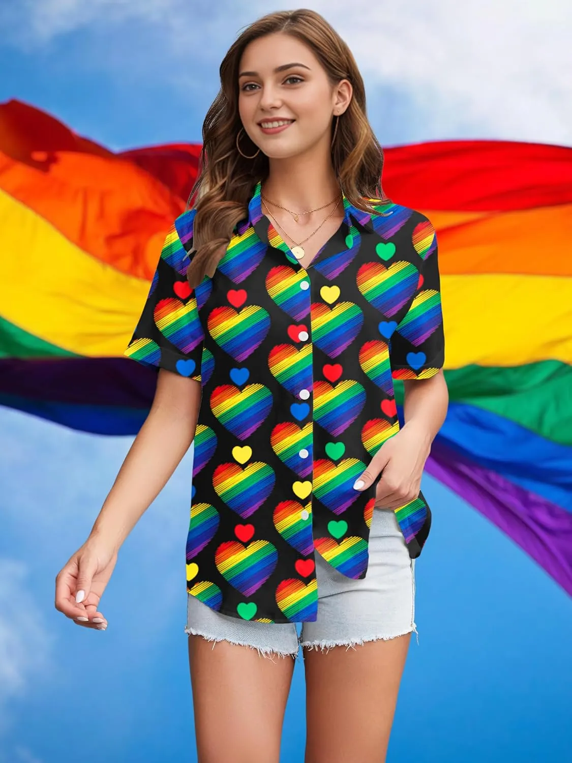 LAZYCHILD Pride Outfits for Women: Rainbow Heart Shirt LGBTQ Equality T-Shirt Pride Ally Button Up Tops