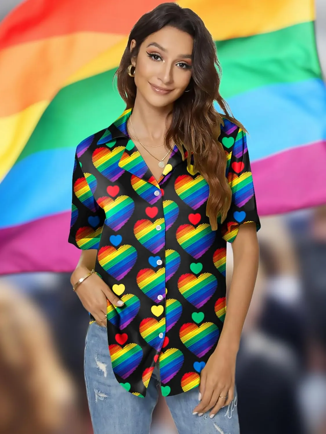 LAZYCHILD Pride Outfits for Women: Rainbow Heart Shirt LGBTQ Equality T-Shirt Pride Ally Button Up Tops