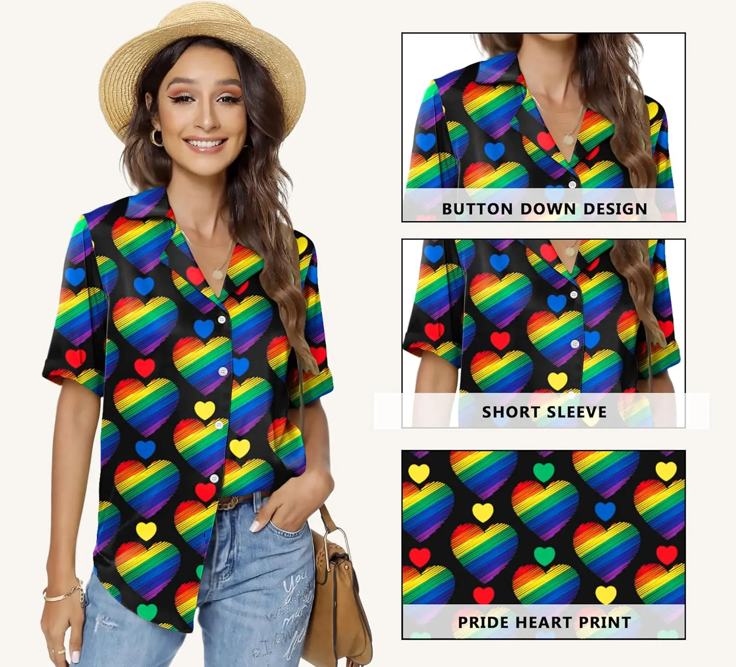 LAZYCHILD Pride Outfits for Women: Rainbow Heart Shirt LGBTQ Equality T-Shirt Pride Ally Button Up Tops