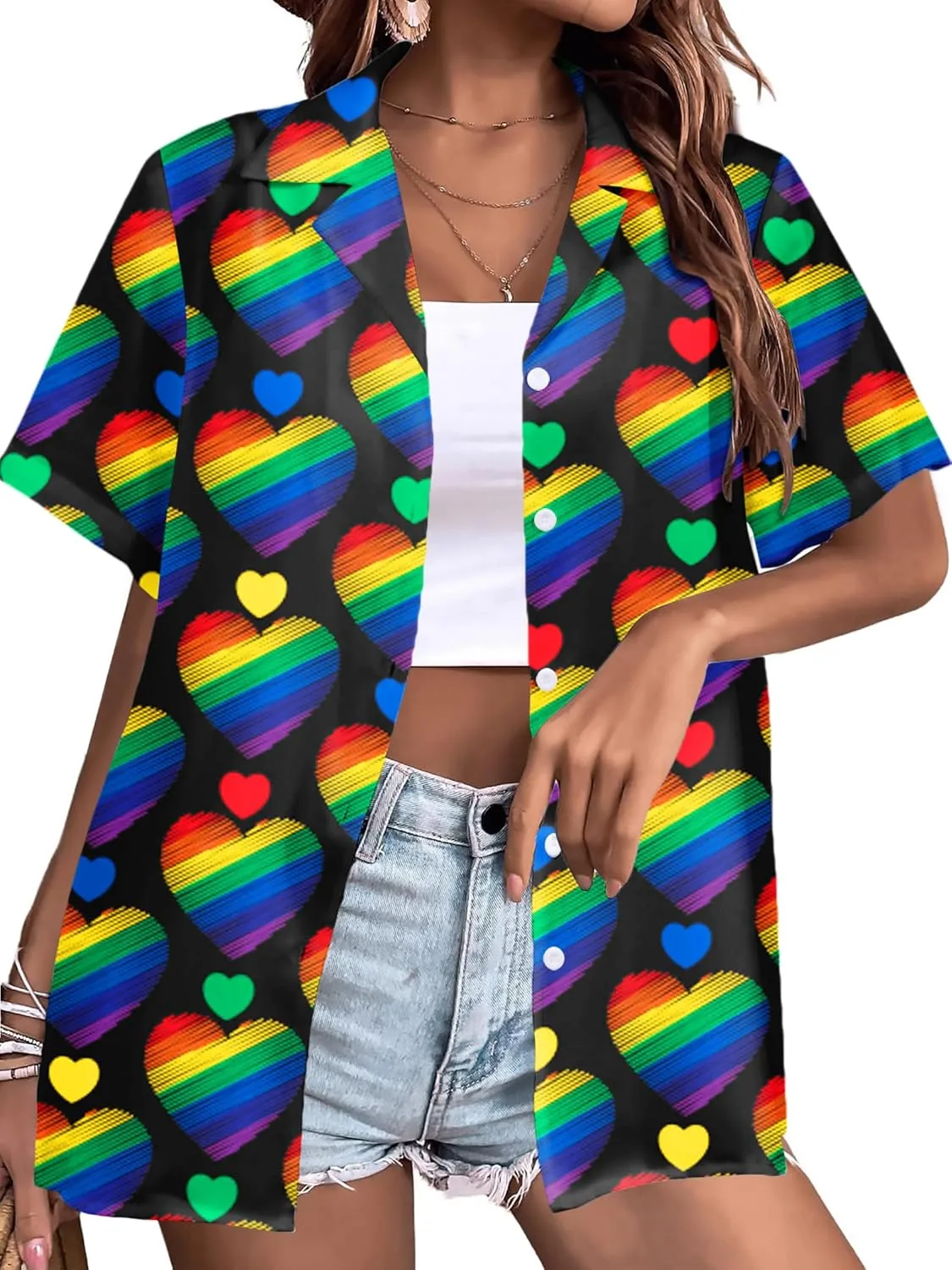 LAZYCHILD Pride Outfits for Women: Rainbow Heart Shirt LGBTQ Equality T-Shirt Pride Ally Button Up Tops