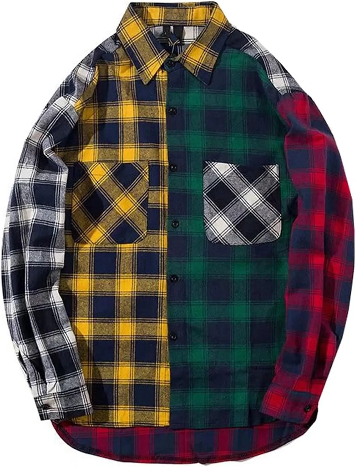 LifeHe Men's Women Plaid Flannel Shirts Colour Block Long Sleeve Button Up Shirt Jackets Oversized
