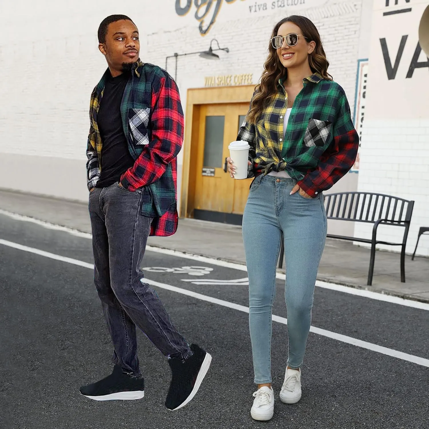 LifeHe Men's Women Plaid Flannel Shirts Colour Block Long Sleeve Button Up Shirt Jackets Oversized