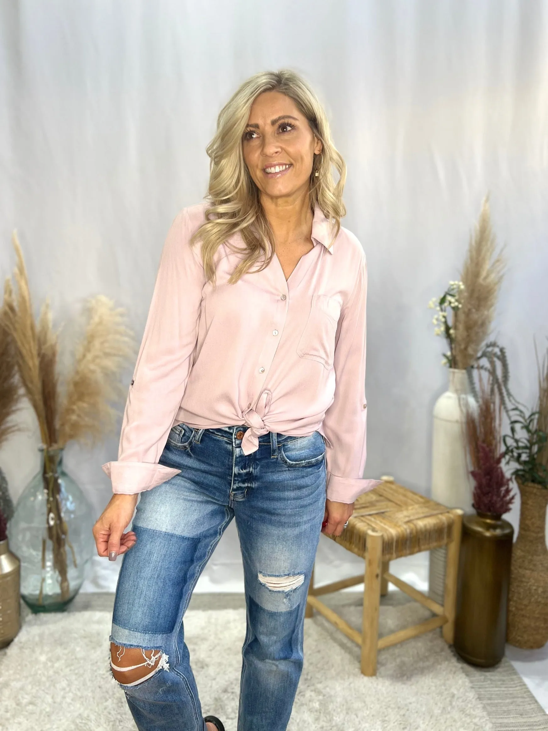 Limitless Collared V-Neck Classic Button Up Shirt, Rose Wood