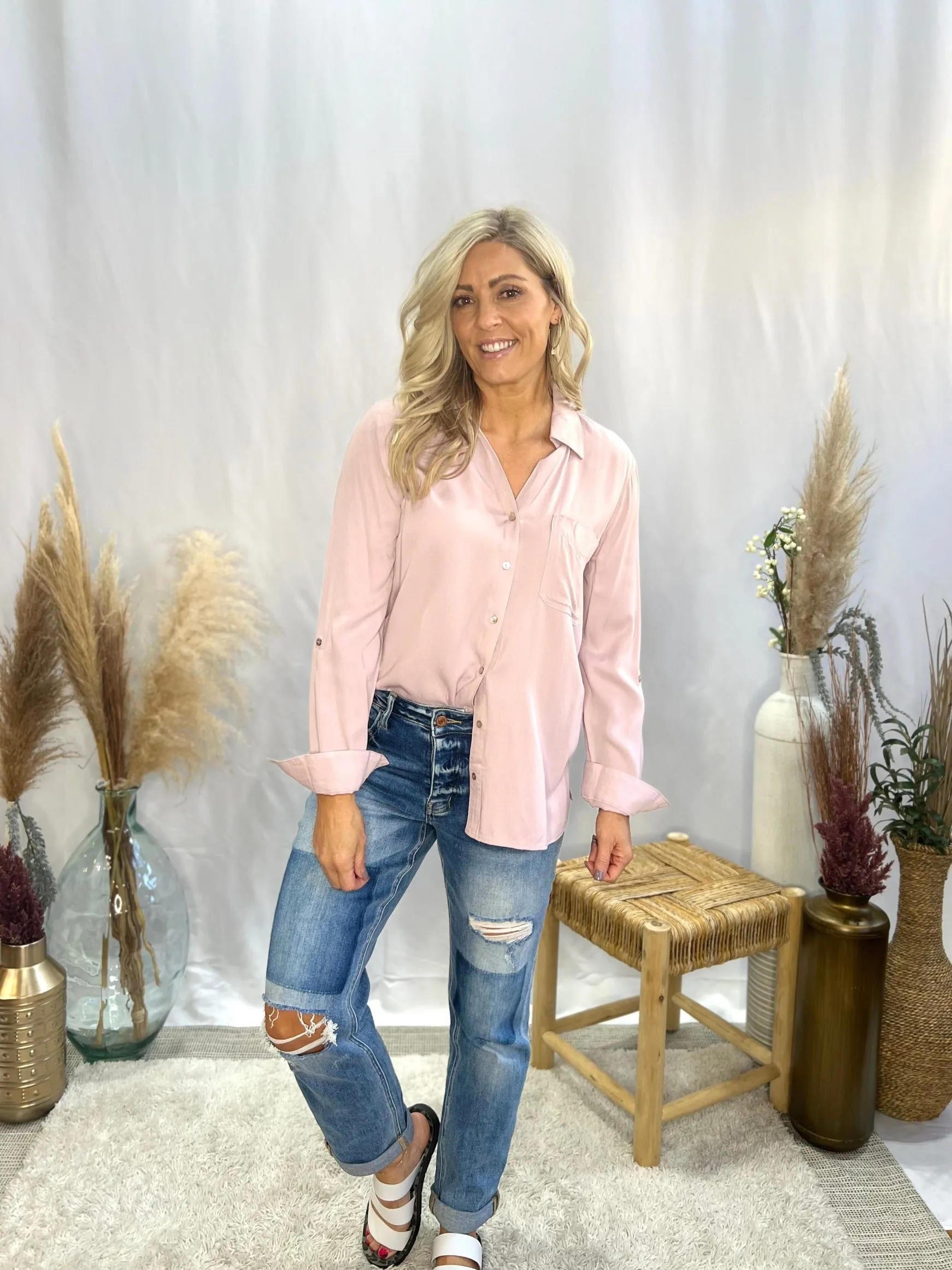 Limitless Collared V-Neck Classic Button Up Shirt, Rose Wood