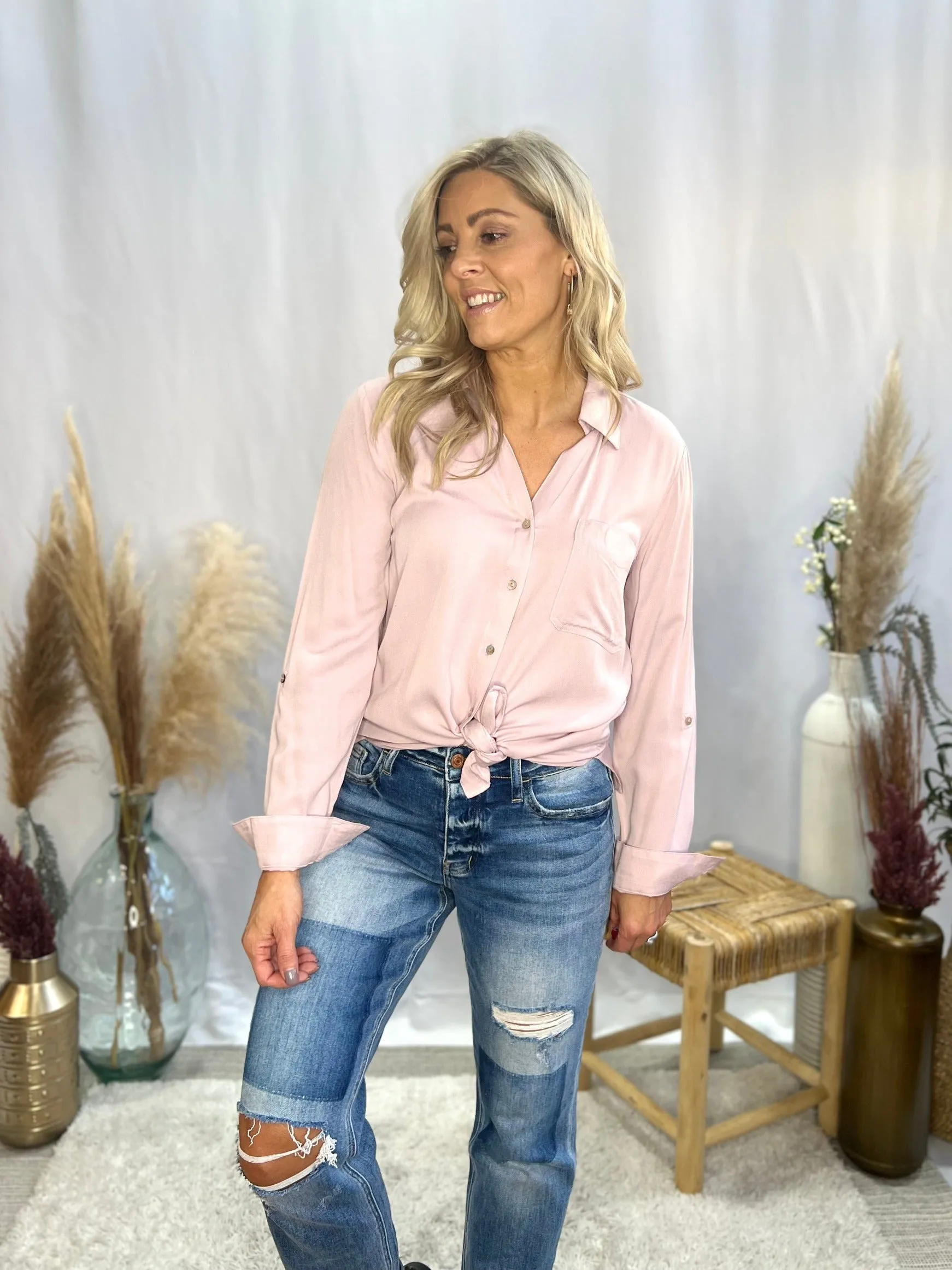 Limitless Collared V-Neck Classic Button Up Shirt, Rose Wood