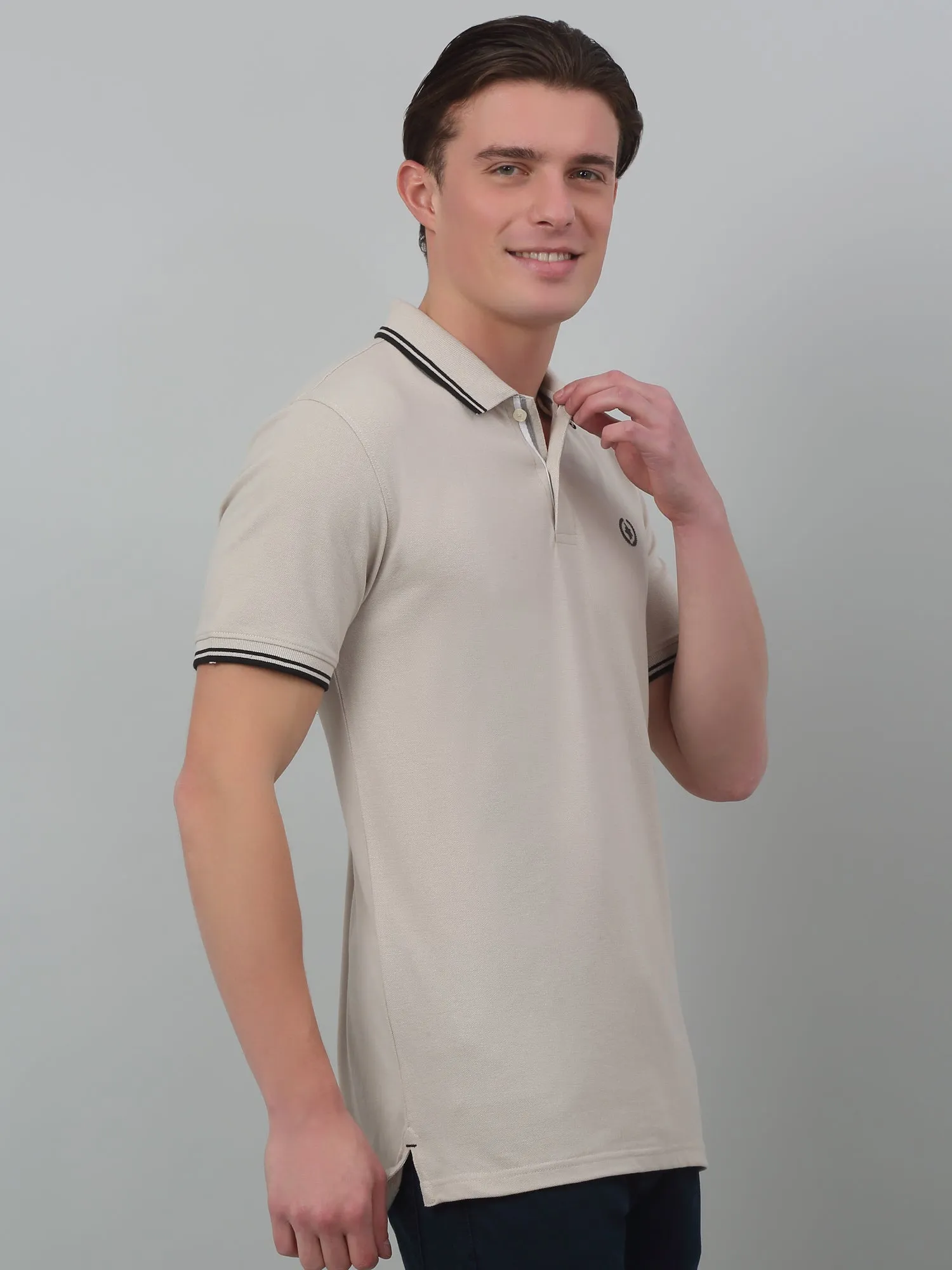 Men's Beige  Polo neck Half Sleeve T-Shirt