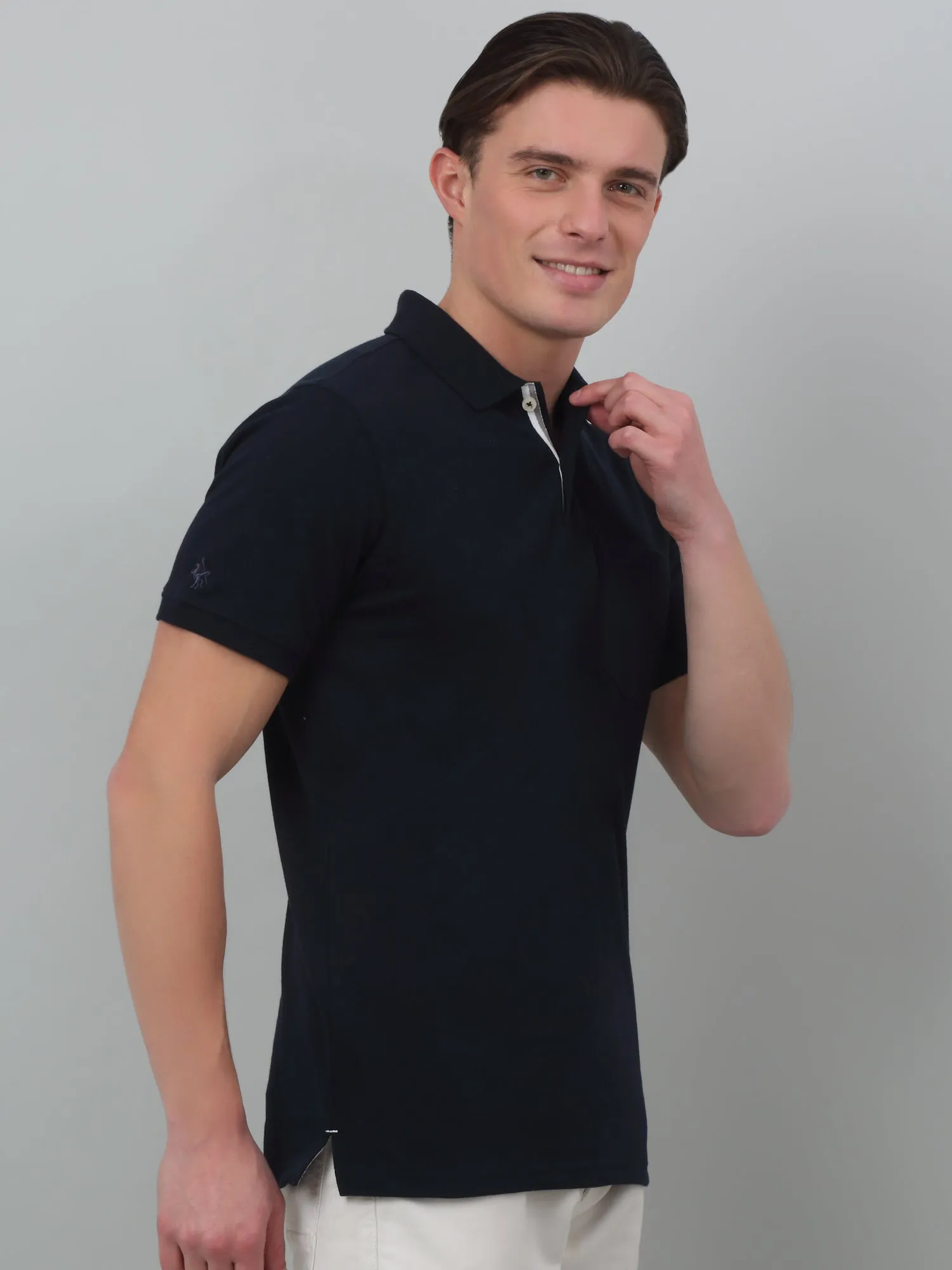 Men's Navy Blue Polo neck Half Sleeve T-Shirt with chest pocket