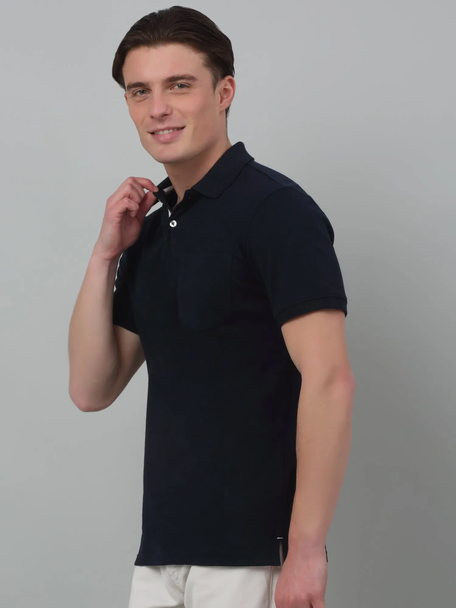 Men's Navy Blue Polo neck Half Sleeve T-Shirt with chest pocket