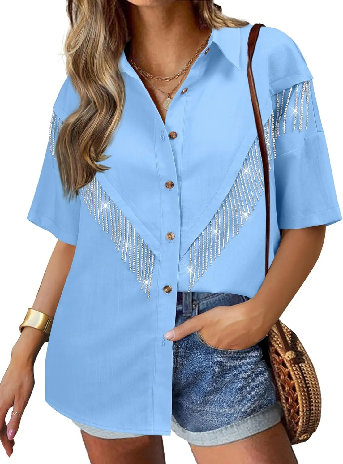 Nlife Womens Nashville Sparkly Rhinestone Fringe Buttons Shacket Concert Outfits Short Sleeves Spakle Tassel Shirts
