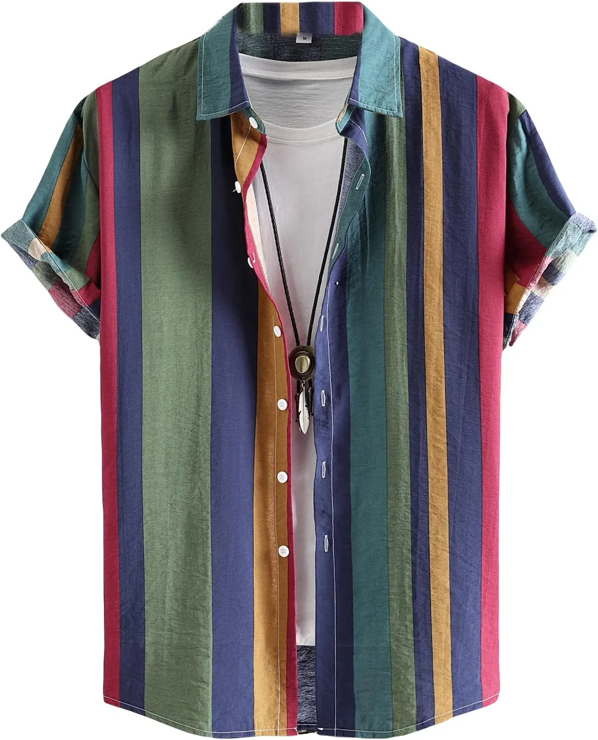 OYOANGLE Men's Color Block Striped Print Short Sleeve Button Up Casual Shirt