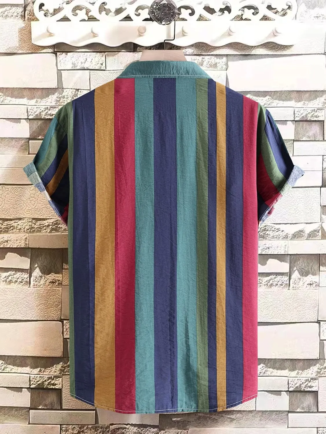 OYOANGLE Men's Color Block Striped Print Short Sleeve Button Up Casual Shirt