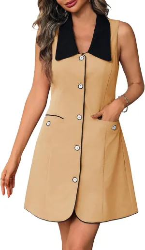 Wenrine Womens Button Down Work Dress Casual Self Tie Lapel Neck Sleeveless Business Blazer Mini Dresses