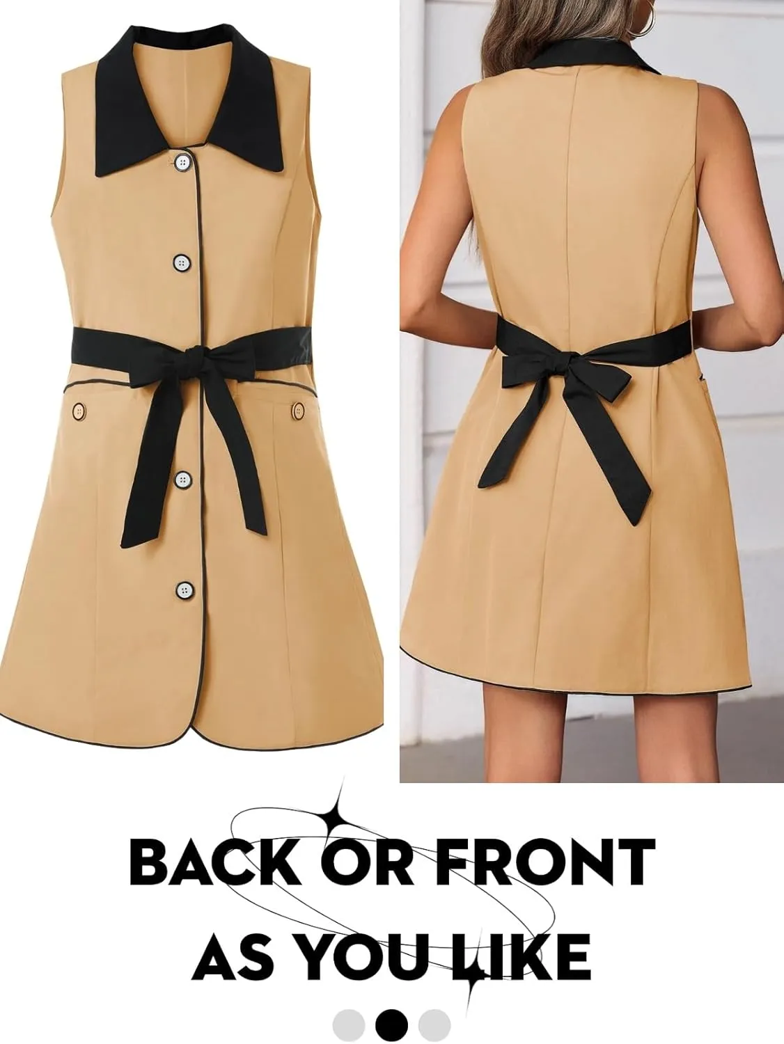 Wenrine Womens Button Down Work Dress Casual Self Tie Lapel Neck Sleeveless Business Blazer Mini Dresses