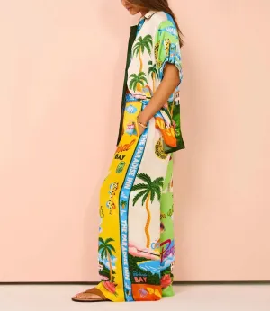 Women's Summer Print Two Piece Pajama Set Short Sleeve Outfits Button Down Tops Drawstring Long Pants Sleepwear Sets